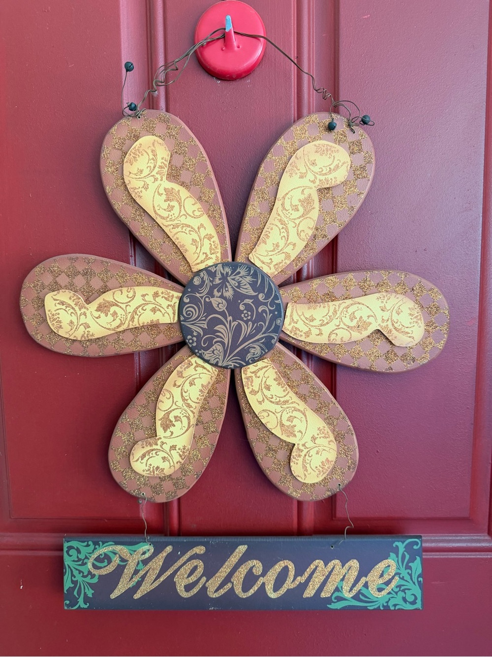 Welcome Floral Wall Hanging - Yellow & Brown Home Wall Decor